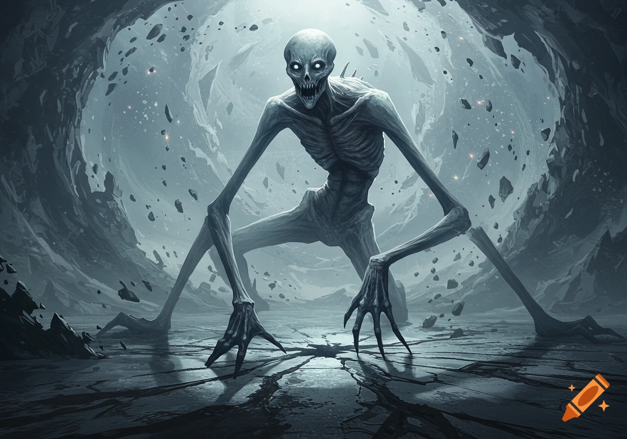 A gaunt, pale monster with glowing eyes and sharp teeth crouches in a dark, alien landscape with floating debris.