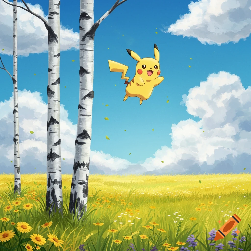 A painting of Pikachu flying happily over a yellow flower field with white birch trees under a blue sky with white clouds.