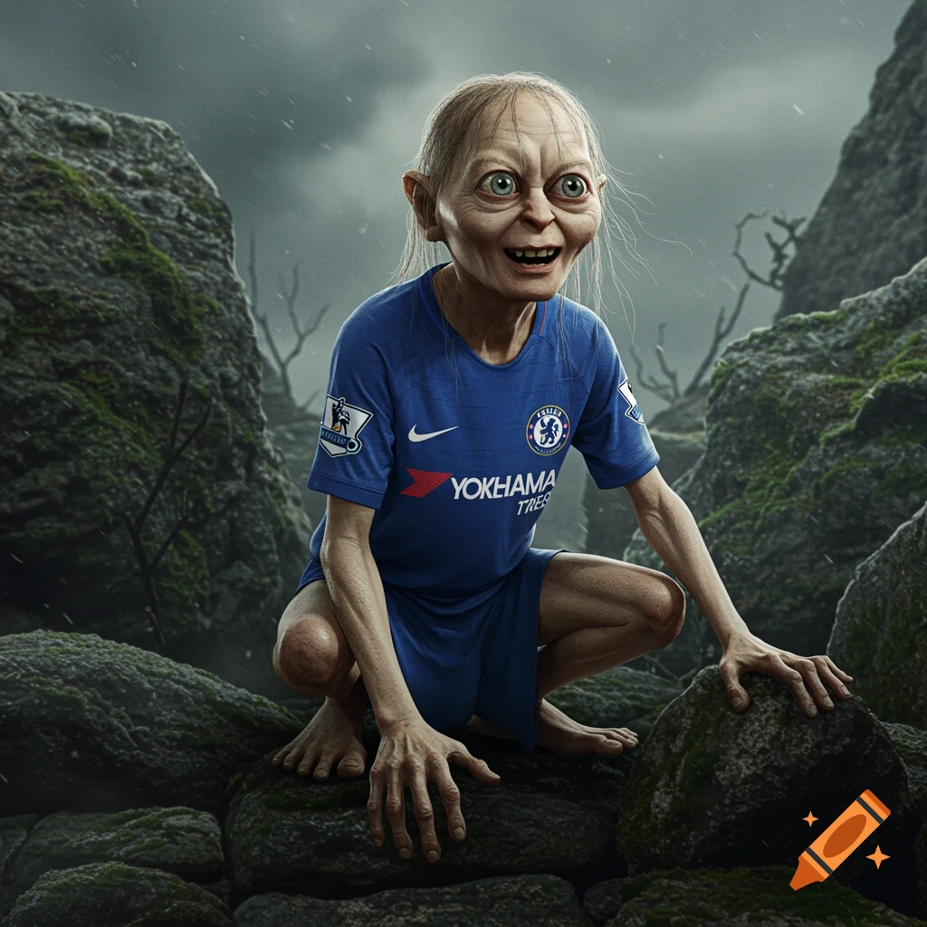 Photorealistic image of Gollum from Lord of the Rings, crouching on mossy rocks, wearing a blue Chelsea FC football shirt.