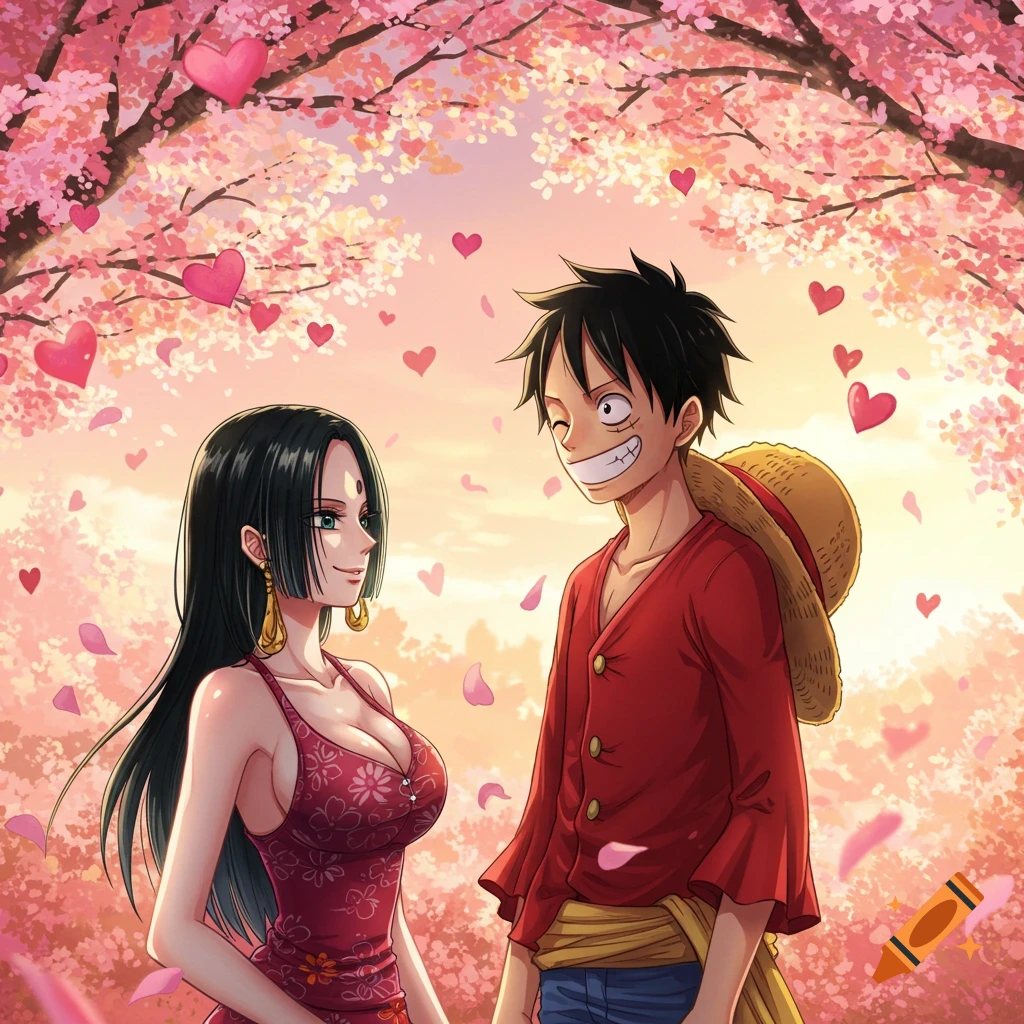 Anime illustration of Luffy and Hancock from One Piece under a pink cherry blossom tree with hearts and petals.