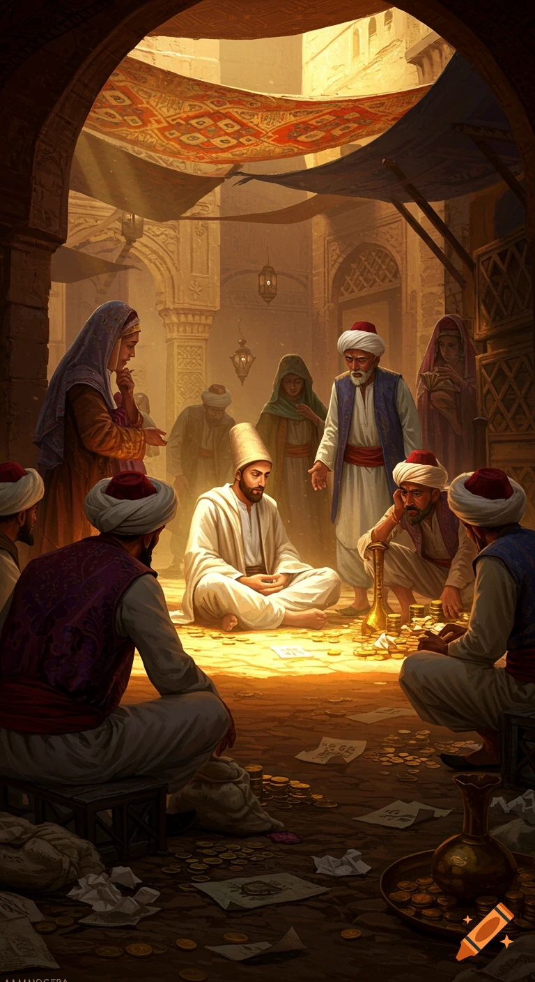 A group of people in traditional Middle Eastern attire gather around a seated man in white robes surrounded by gold coins, in a bustling marketplace scene.