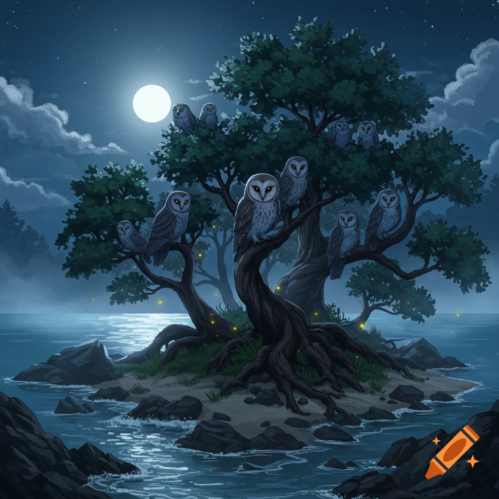 Digital art of several owls perched on a gnarled tree on a rocky island at night, under a full moon, with glowing lights.
