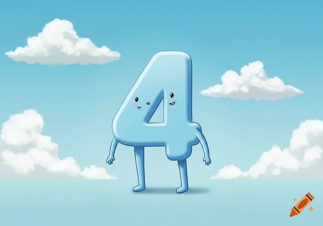 A light blue cartoon number 4 with smiling faces, arms and legs, standing against a blue sky with white clouds.