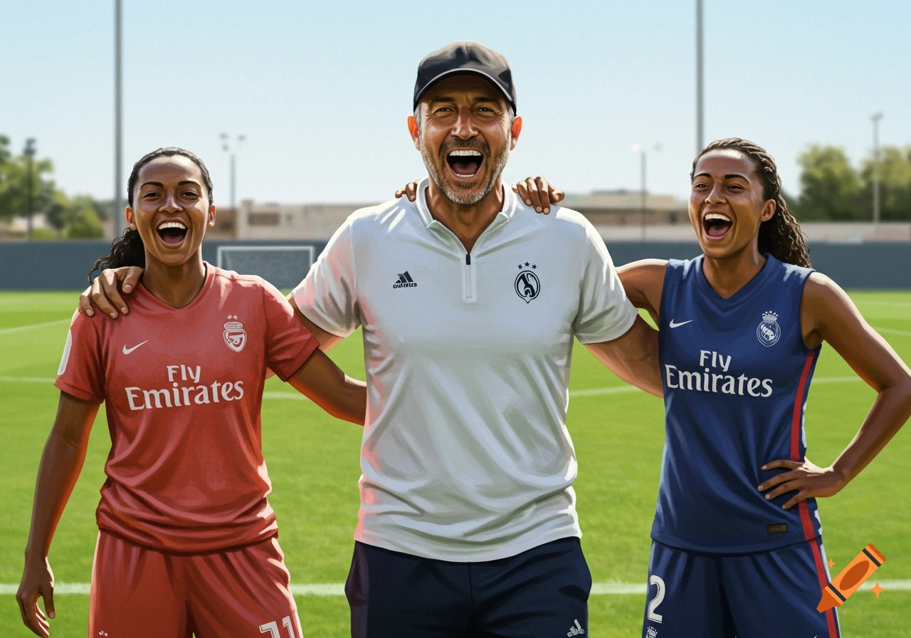 Photorealistic image of a male soccer coach and two female players smiling on an outdoor field.