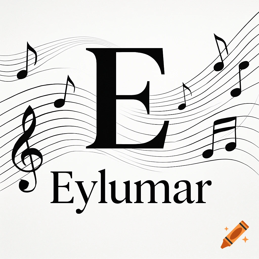 Black and white logo featuring a large letter 'E', the word 'Eylumar', musical notes, and flowing staff lines.