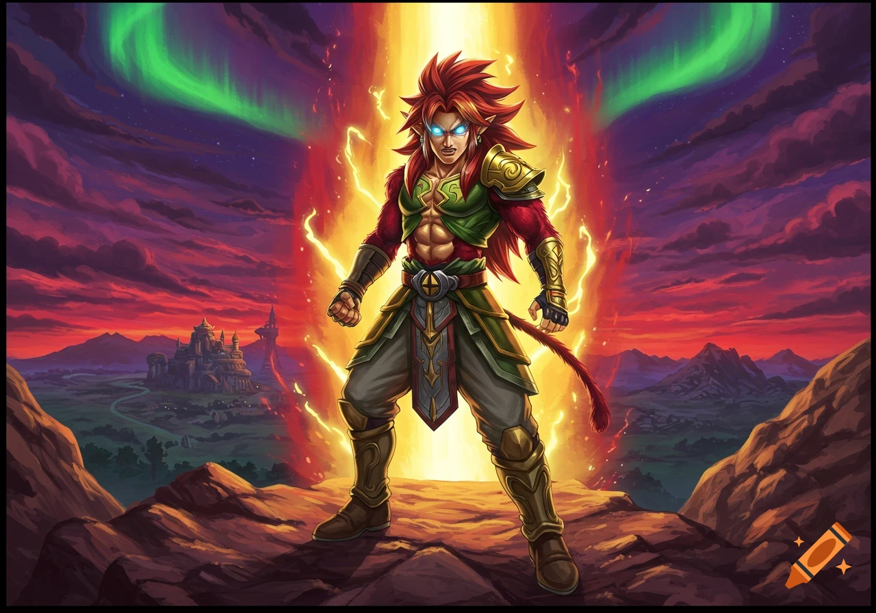 A powerful red-haired character with glowing eyes, wearing green and gold armor, stands on a rocky hill with an energy aura against a dramatic sunset and aurora sky.
