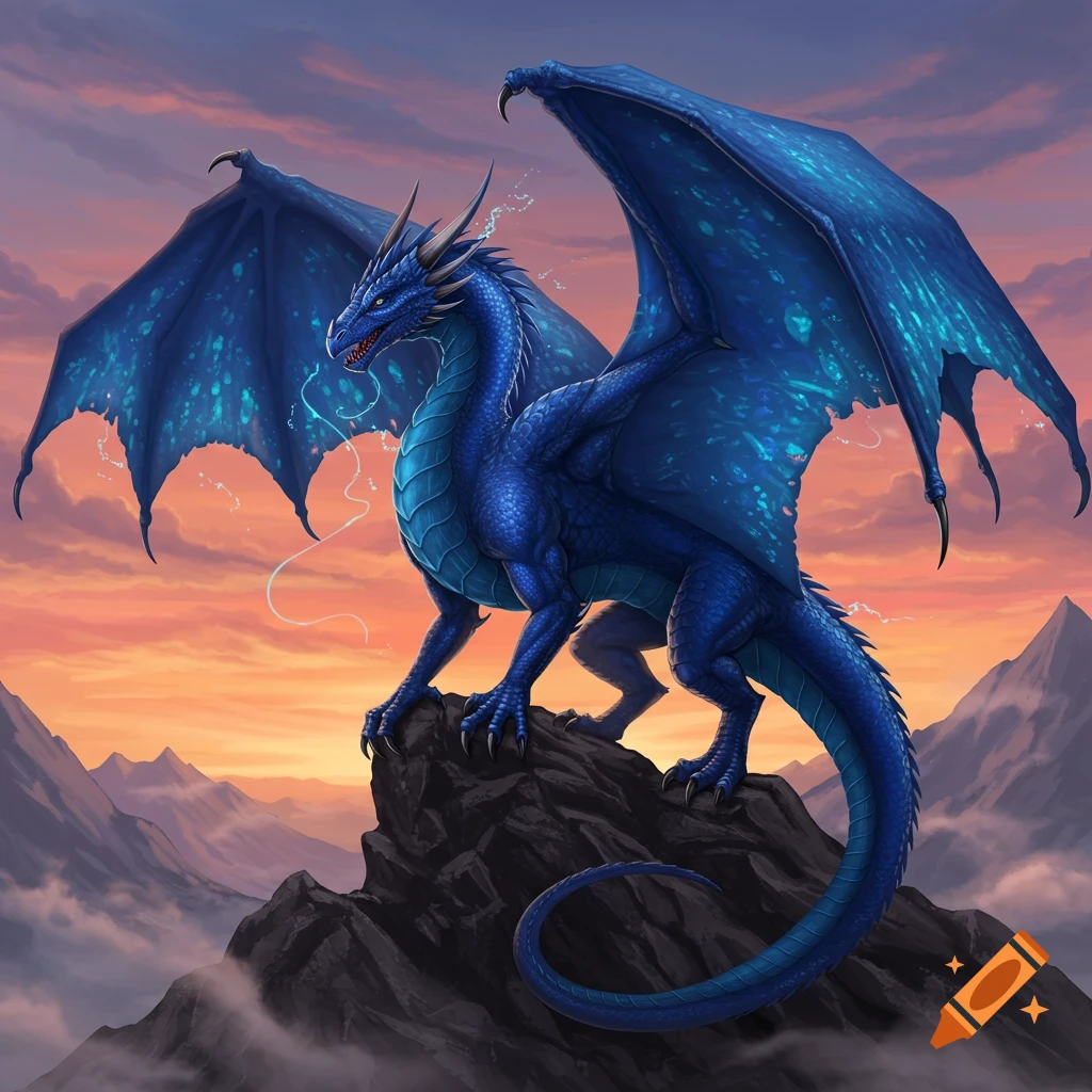 A majestic blue dragon with glowing wings stands on a rocky mountain peak at sunset, overlooking a misty mountain range.