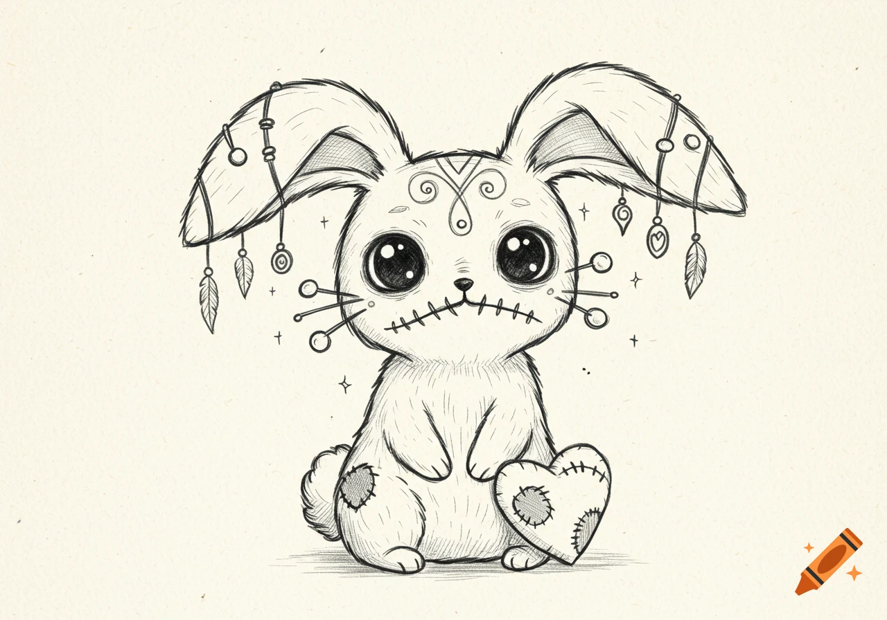 A cute stylized sketch of a voodoo bunny with big eyes, a stitched mouth, pins, ear decorations, and holding a patched heart.