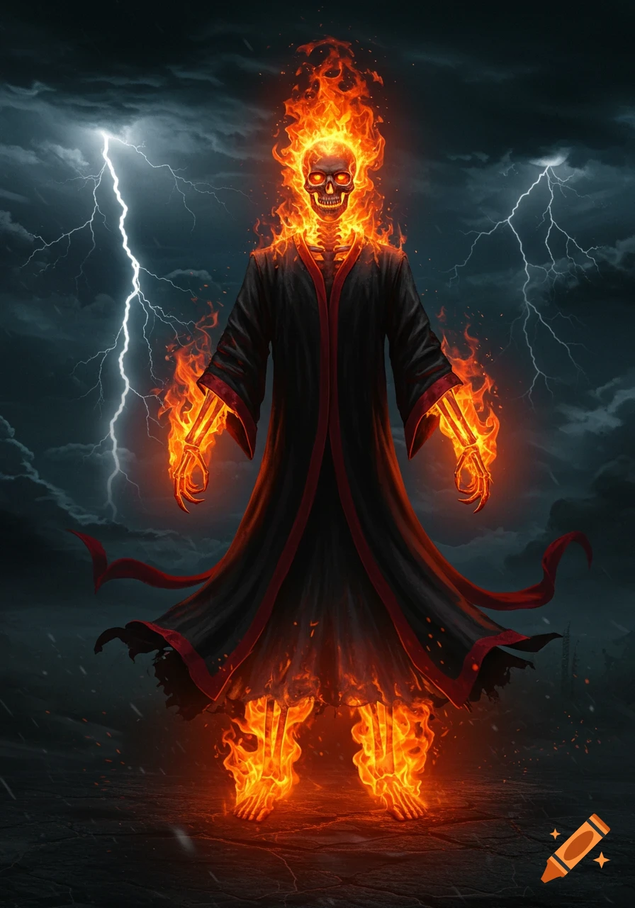 A fiery skeletal figure in a black robe with red trim stands against a stormy sky with lightning.