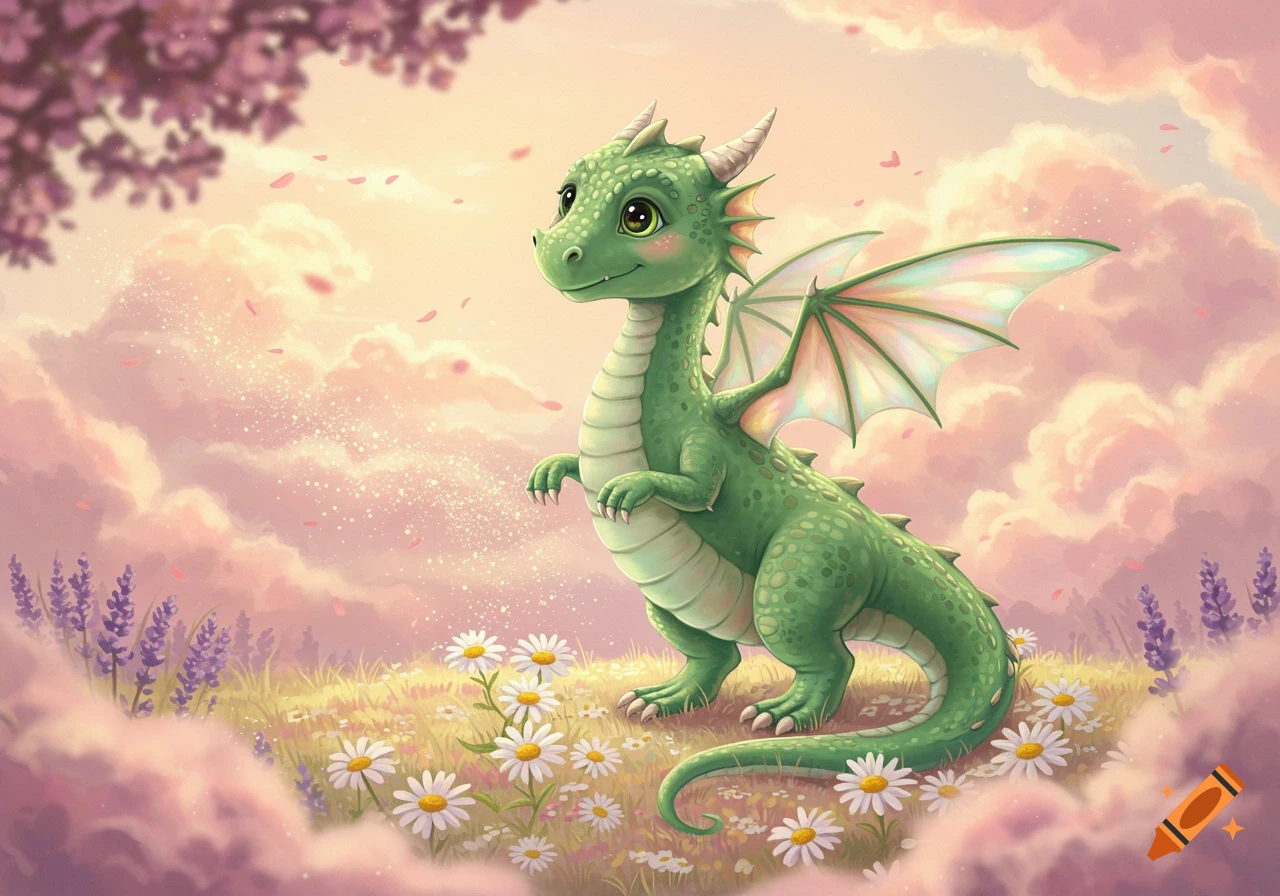 A cute green dragon stands in a field of daisies and lavender under a whimsical pink cloudy sky with falling petals, illustration.