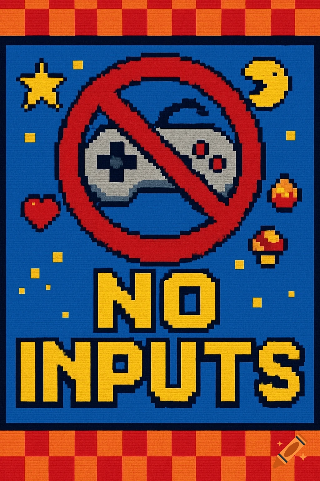 A pixel art poster with a red no-symbol over a game controller, retro game icons, and yellow text 'NO INPUTS' on a blue background.