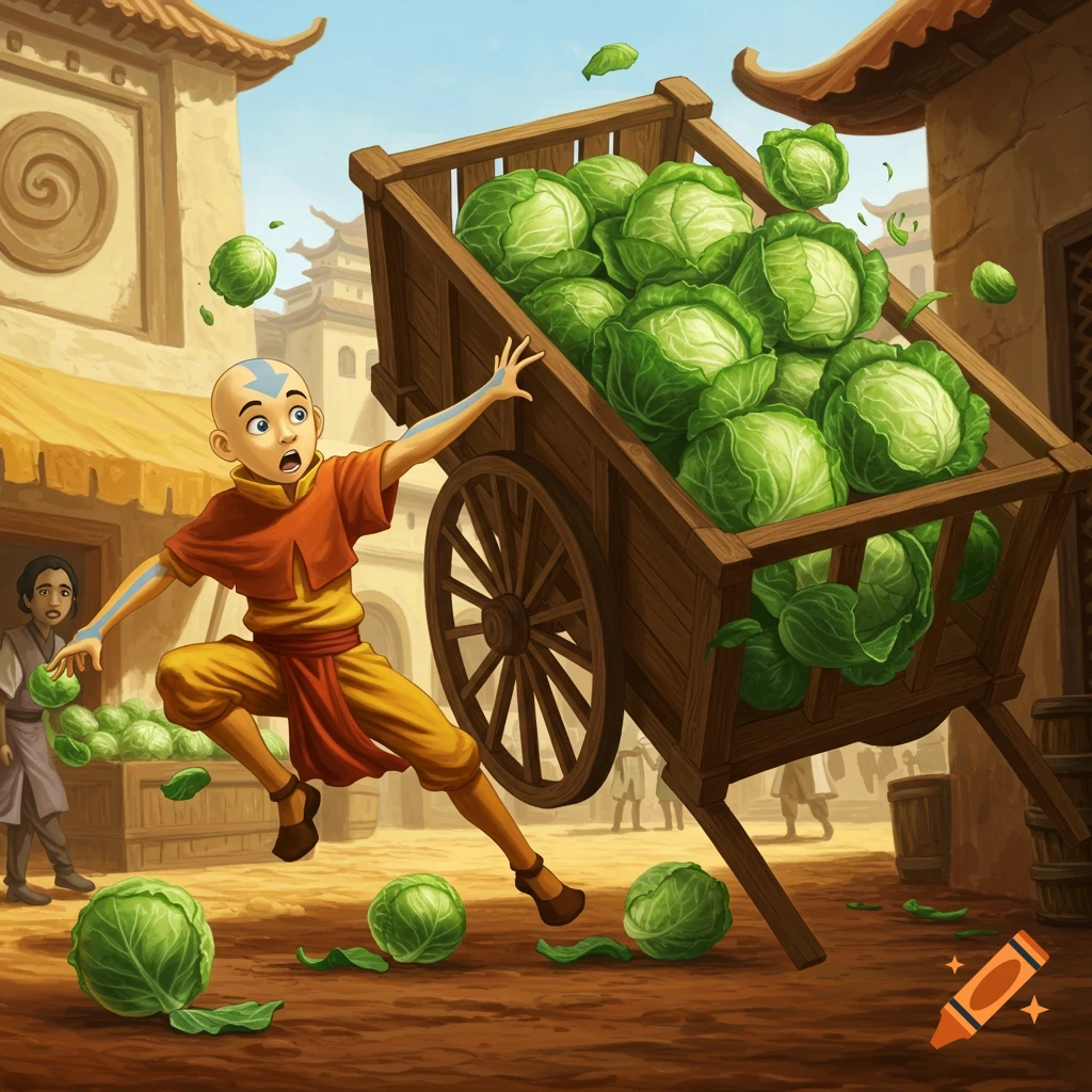 Aang from Avatar leaps over a wooden cart as cabbages spill onto a bustling market street in a cartoon style.