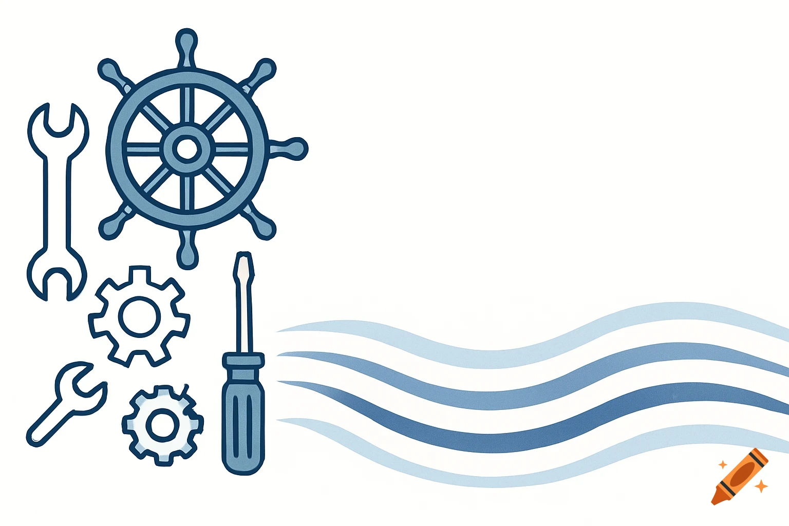 Minimalistic blue and white line art illustration of a ship's wheel, wrenches, gears, a screwdriver, and waves, with space on the right.