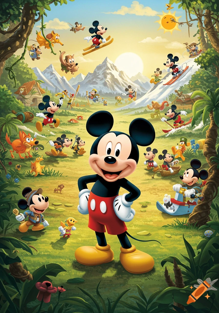 Vibrant cartoon illustration of numerous Mickey Mouse characters adventuring across a lush jungle and snowy mountains under a bright sun.