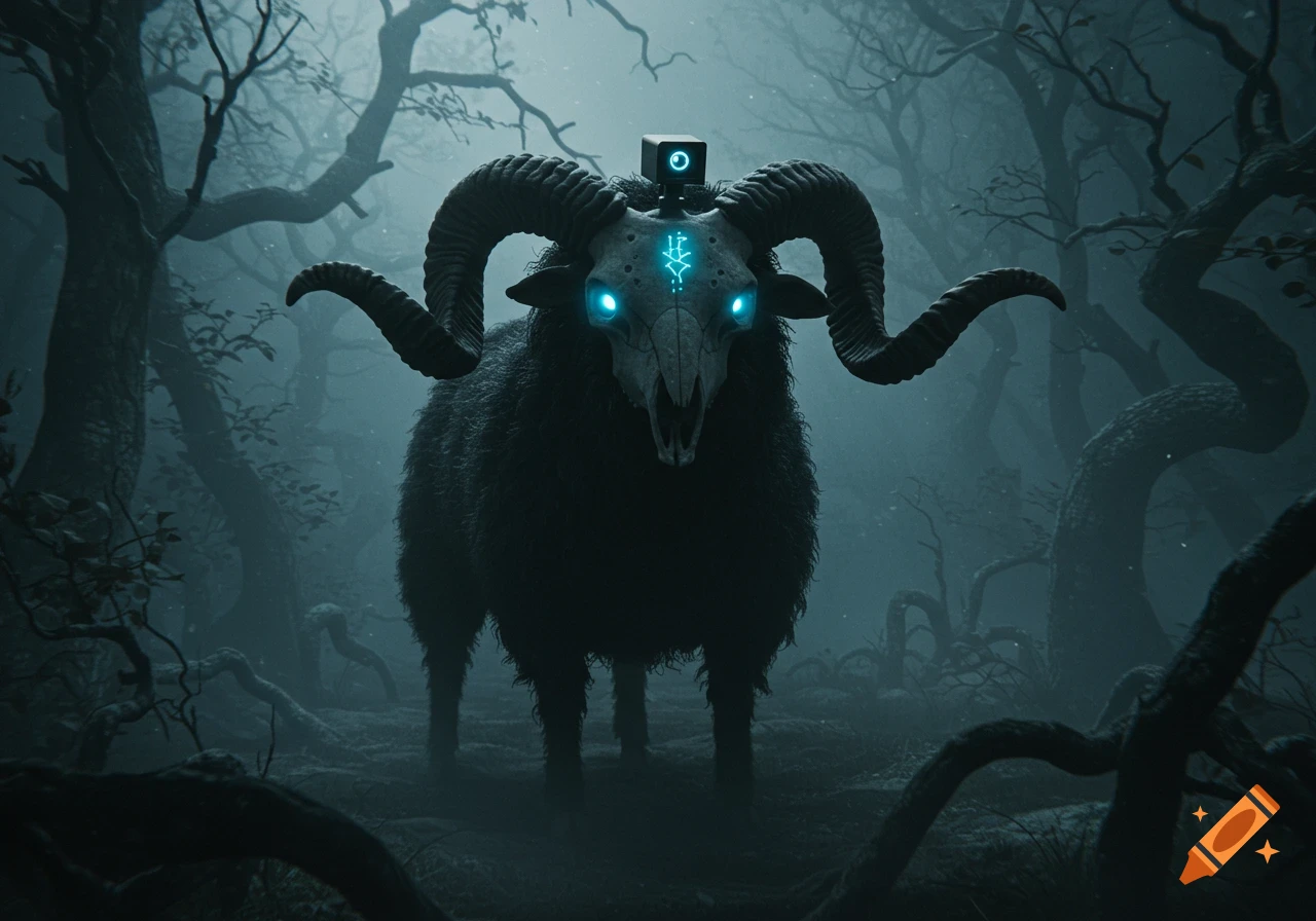 A dark, demonic ram with glowing blue eyes, a skull face, and a camera on its head stands in a misty, eerie forest.