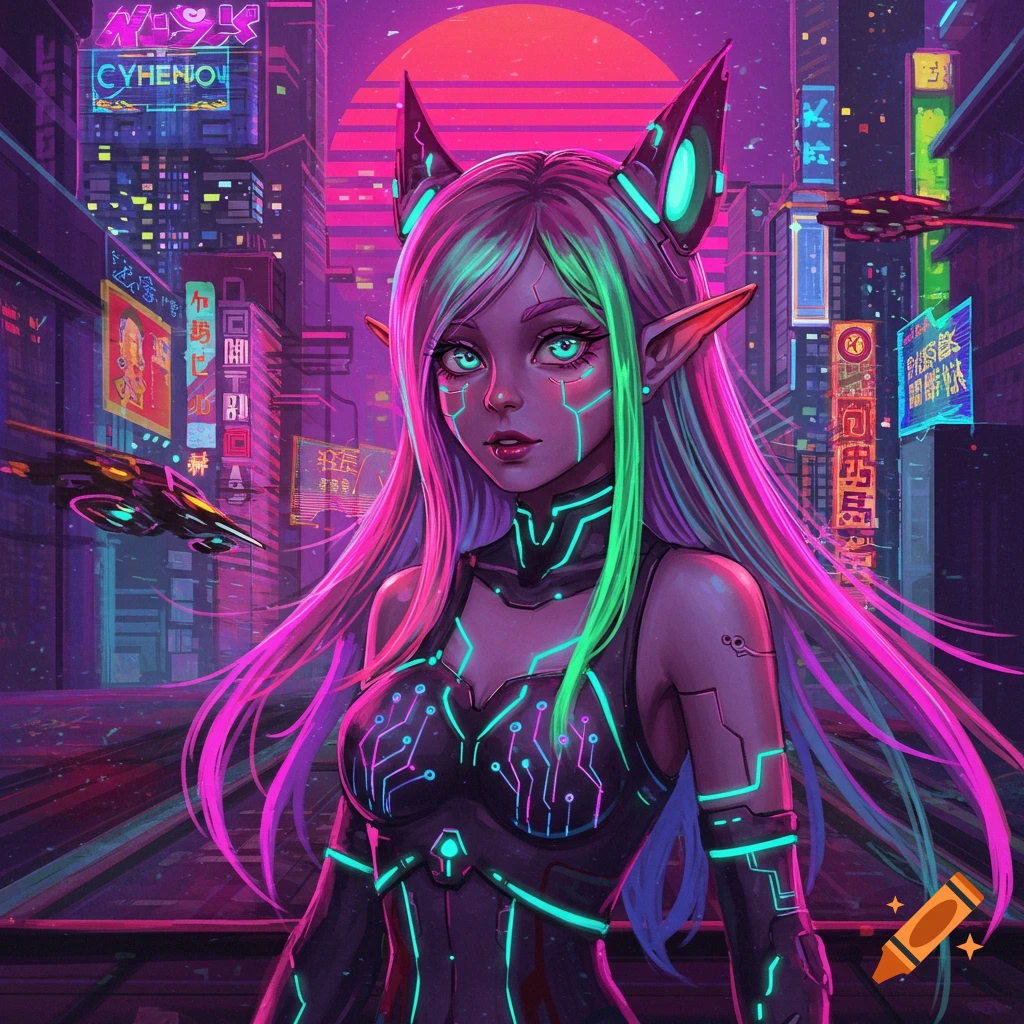 A cyberpunk elf girl with glowing green and pink hair and circuit-patterned clothing stands in a neon city street under a red sun.