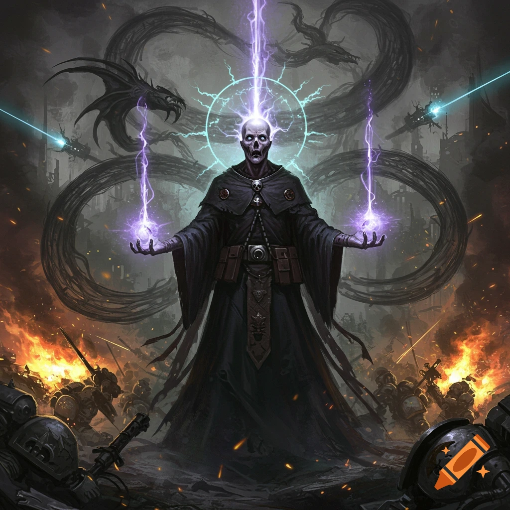 A skeletal-faced psyker in black robes casts purple lightning on a grimdark battlefield with futuristic soldiers and dragons.