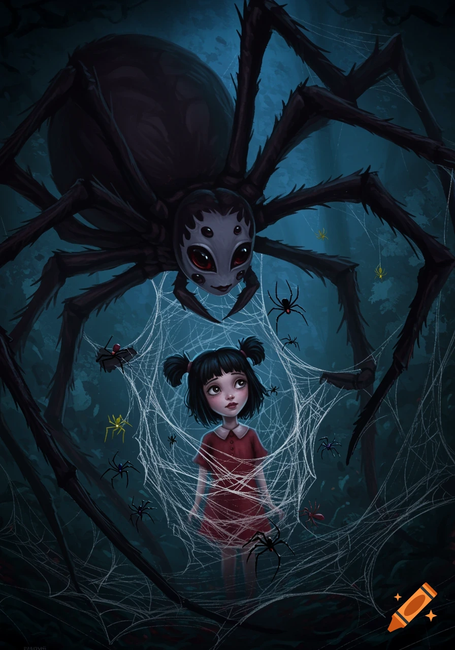 A small girl caught in a large spiderweb, surrounded by smaller spiders, with a large, stylized spider looming above her in a dark forest.