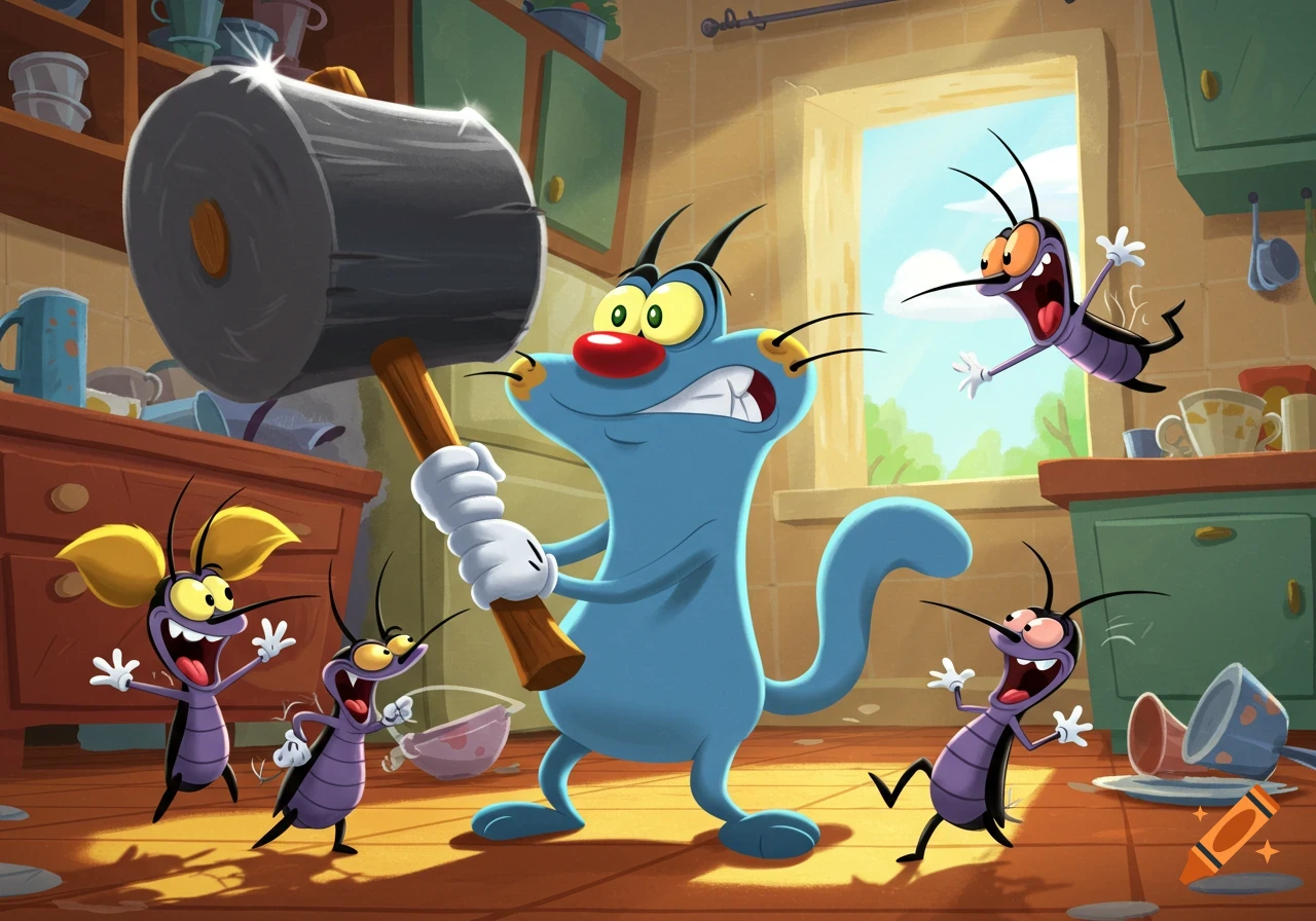 Cartoon blue cat Oggy angrily holds a large hammer, threatening four laughing cockroaches in a kitchen.
