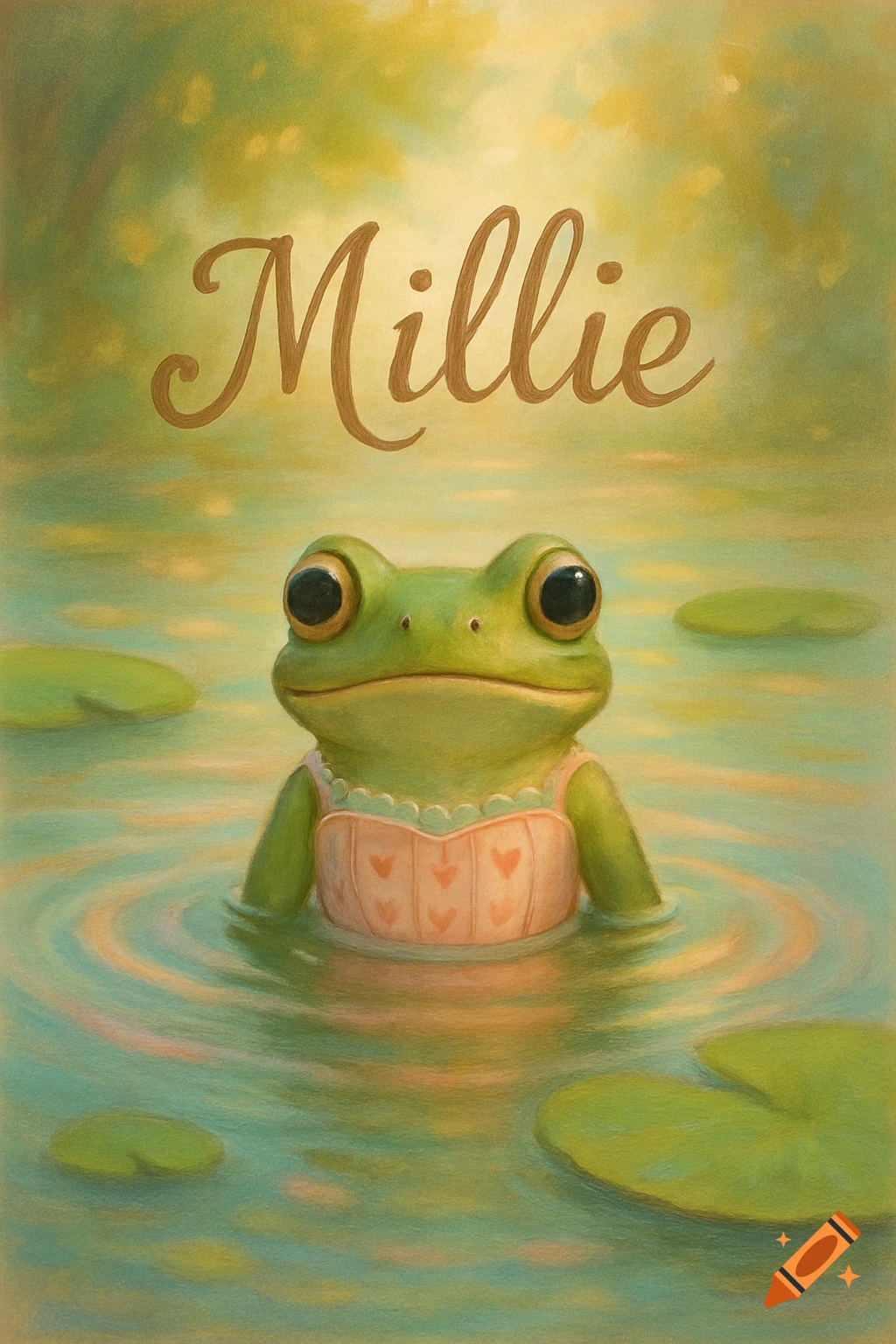 A cute illustrated frog in water wearing a pink corset with hearts. The name 'Millie' is written above.