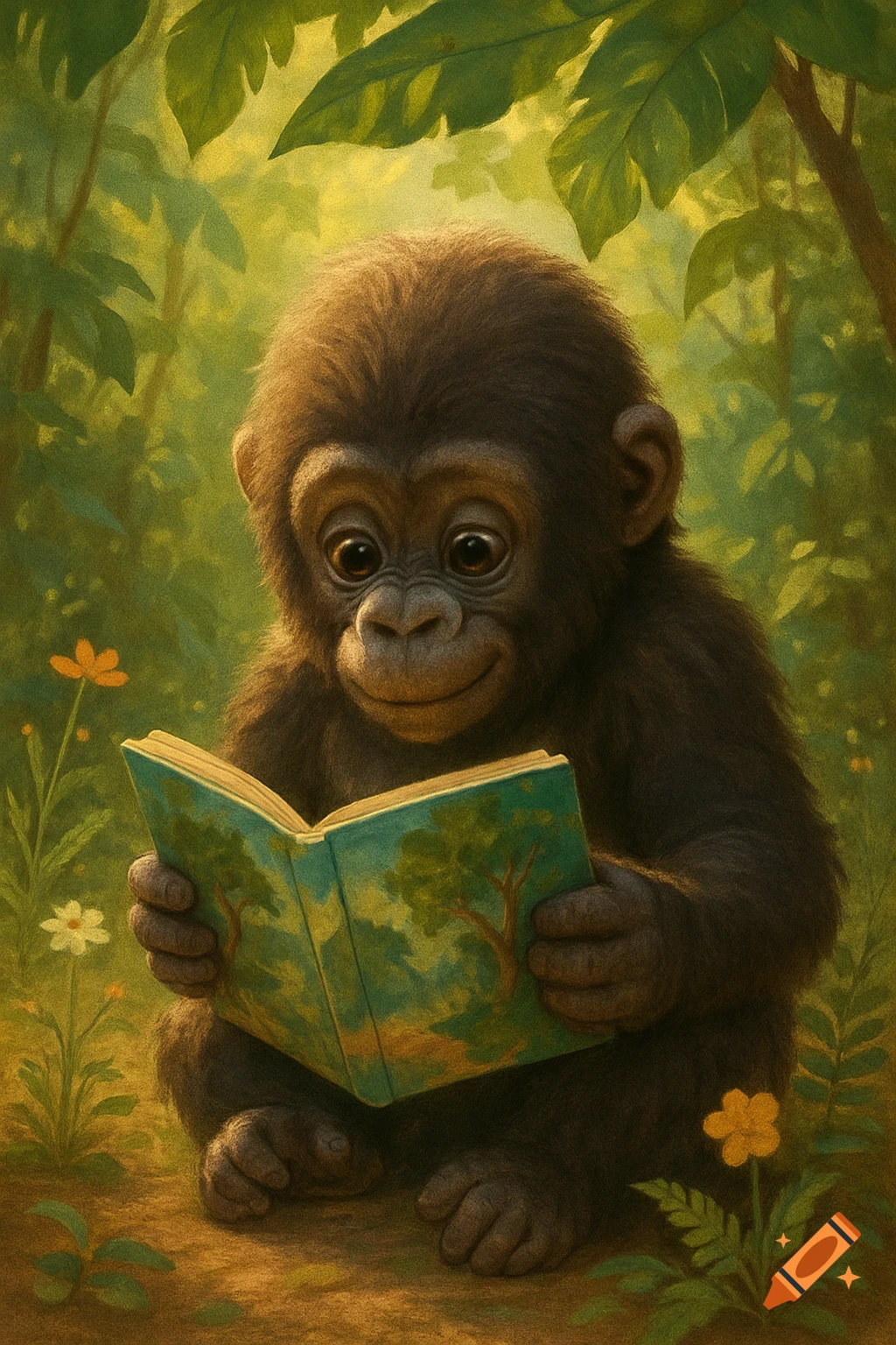 A cute baby gorilla with big eyes happily reads a book with tree illustrations in a lush green jungle, in a painterly style.