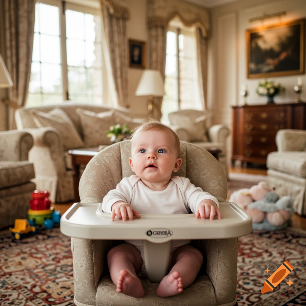 A baby with blue eyes and blonde hair sits in a booster seat in a luxurious living room, looking up.