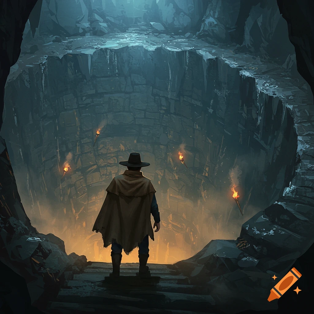 A cloaked figure wearing a hat stands at the edge of a deep, dark, torch-lit cavern, looking down into the abyss, fantasy art.