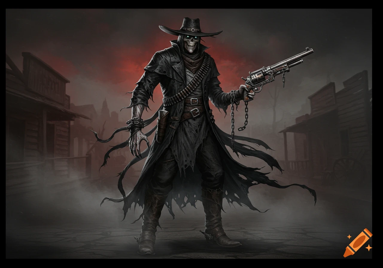 A skeletal cowboy with glowing green eyes, wearing a black duster coat and hat, holding a revolver and chains in a dark western town.