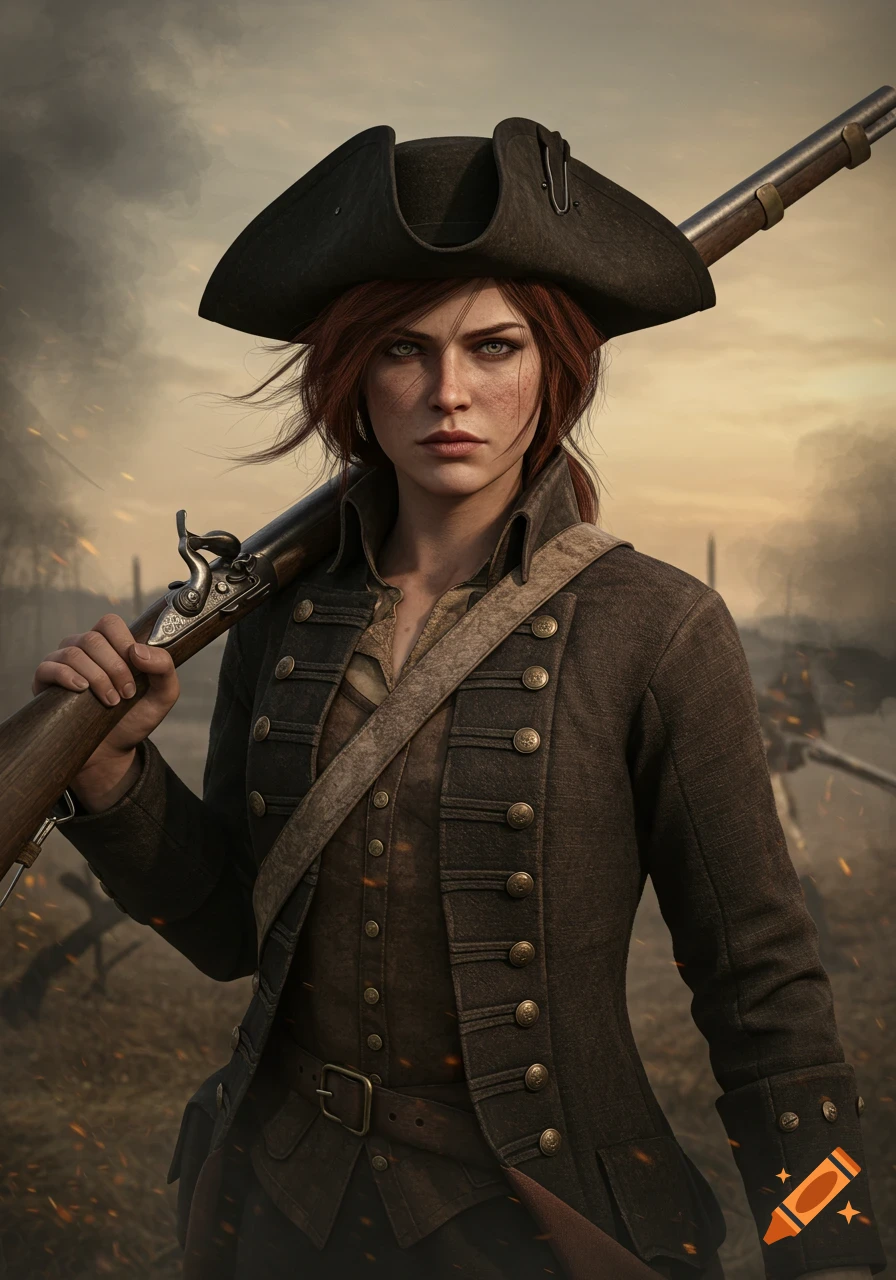 Photorealistic portrait of serious woman in historical military attire and tricorn hat, holding musket on smoky battlefield.