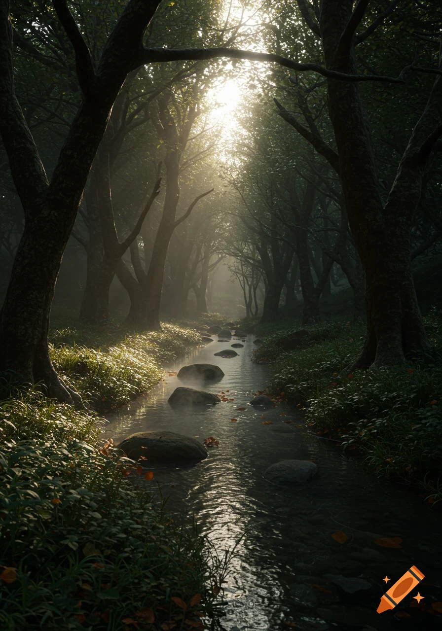 Sunlight filters through a dark, misty forest, illuminating a rocky stream flowing through lush greenery. Photorealistic style.