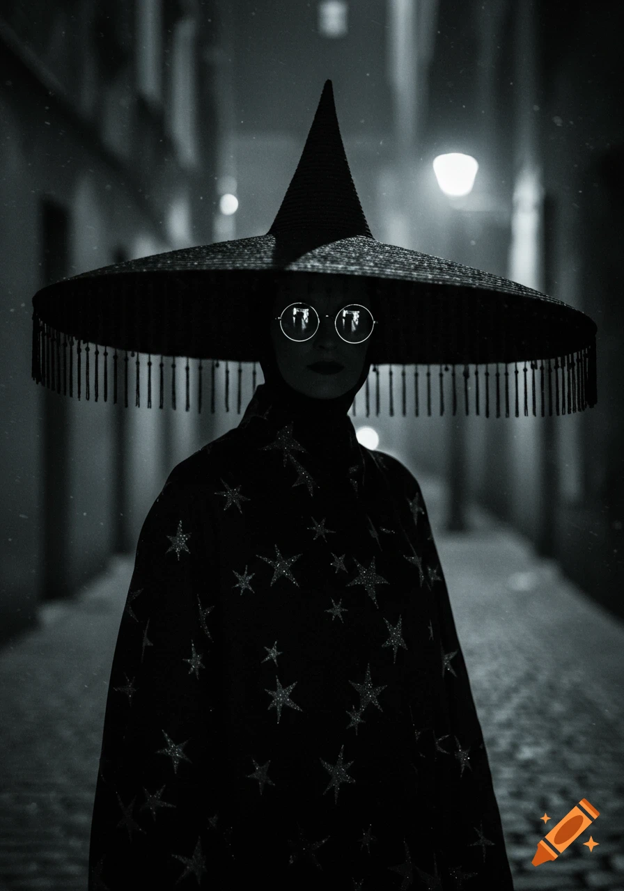 Mysterious figure in a wide-brimmed witch hat, starry cloak, and round glasses, standing in a dark, monochromatic alley in a noir style.