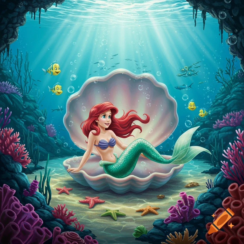 Ariel the mermaid sits in a clamshell on the ocean floor, surrounded by colorful coral and tropical fish in a vibrant cartoon style.