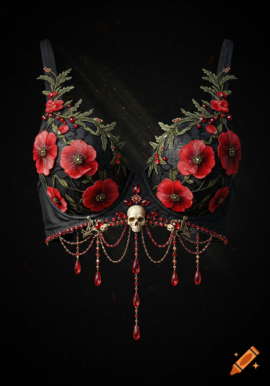 An elaborate black bra adorned with red poppies, green foliage, skulls, and dangling red jeweled chains, set against a dark background.