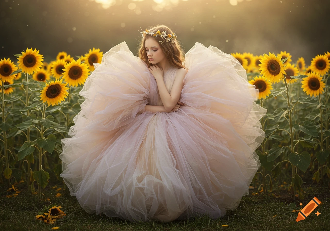 A young girl with a flower crown in a large light pink dress sits looking down in a sunlit sunflower field. Photorealistic.