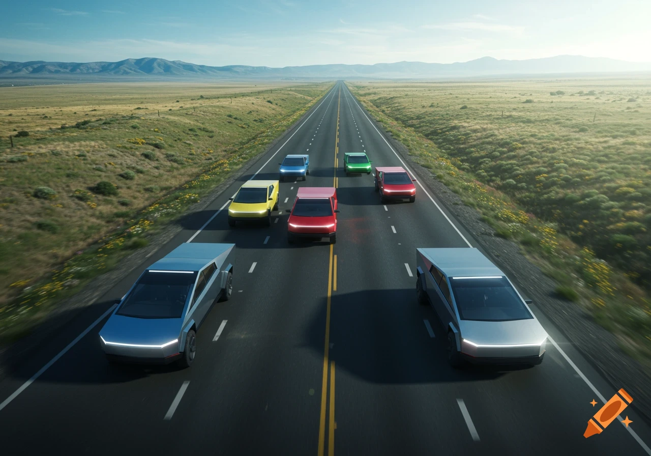 A drone's high-angle view shows six colorful Tesla Cybertrucks driving down a long desert highway with mountains.