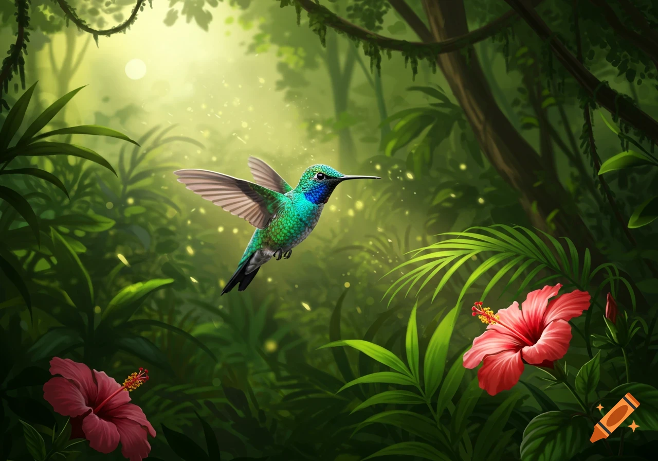 A vibrant digital painting of a green and blue hummingbird flying amidst lush green jungle foliage and red hibiscus flowers with sun rays.