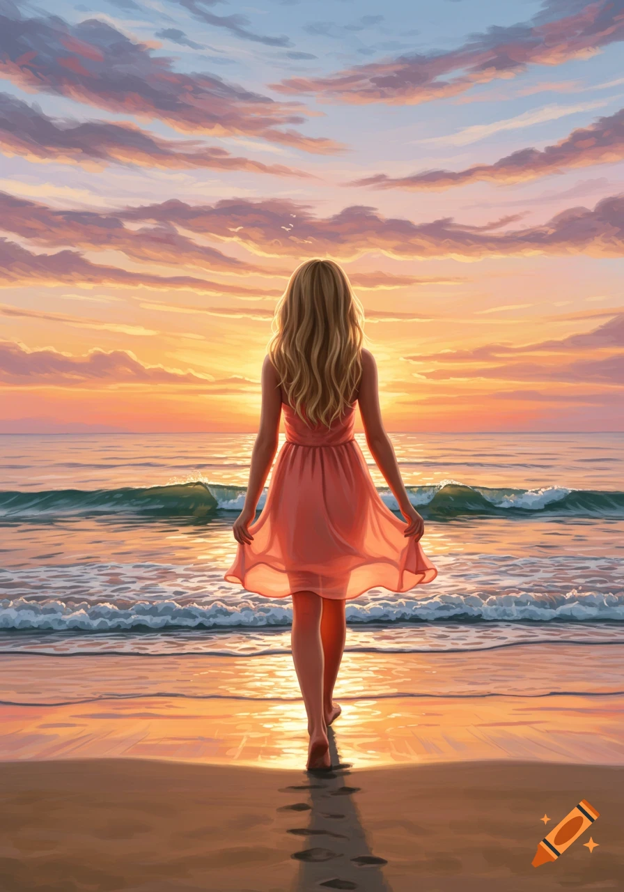 An illustrative image of a blonde woman in a peach dress walking barefoot into the ocean on a sandy beach at sunset.