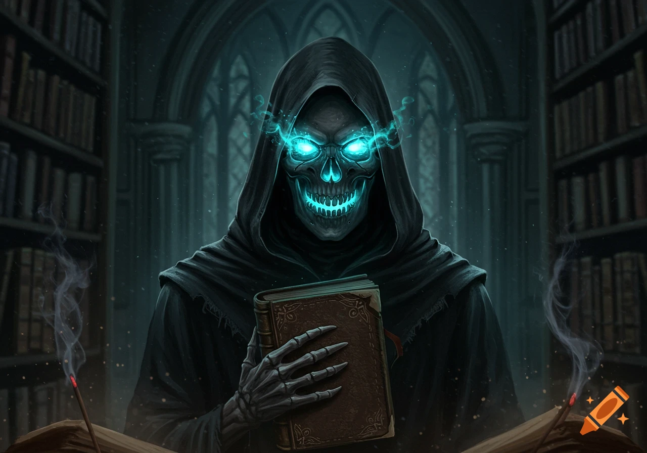 A grim, hooded skull with glowing blue eyes holds an old book in a dark library, with wisps of smoke rising.