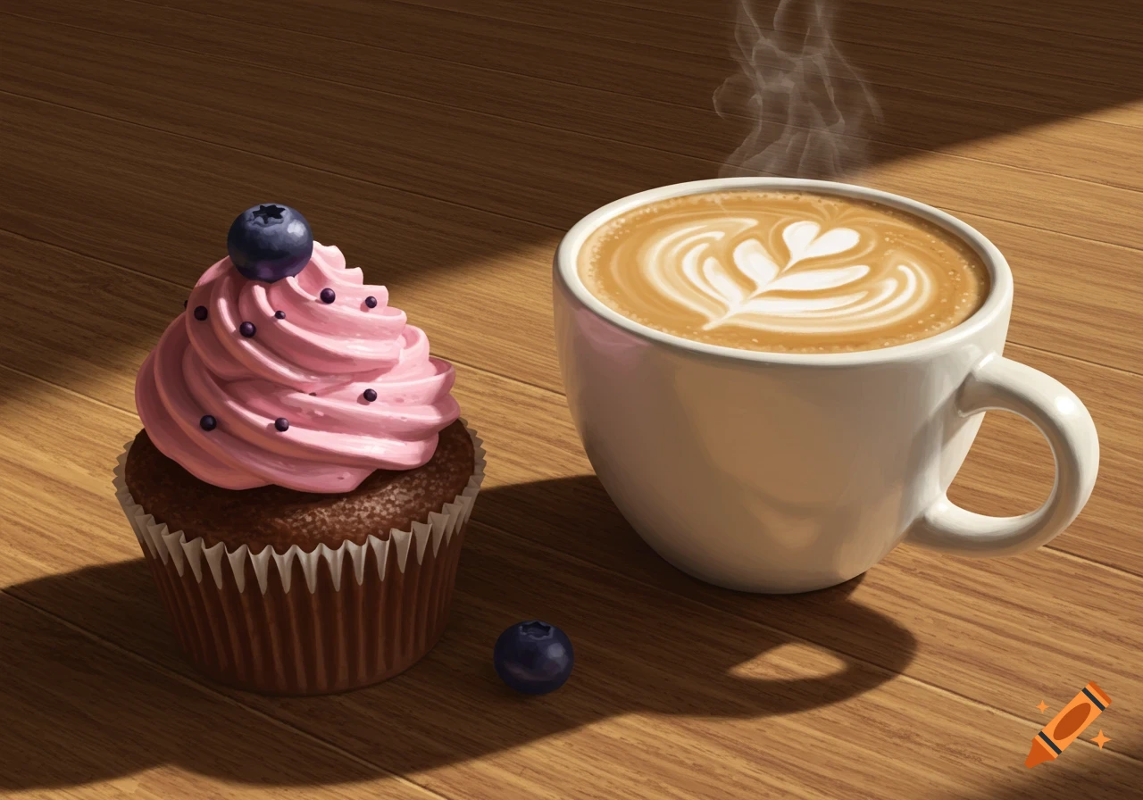 A chocolate cupcake with pink frosting and a blueberry, next to a steaming coffee cup with latte art on a wooden table.