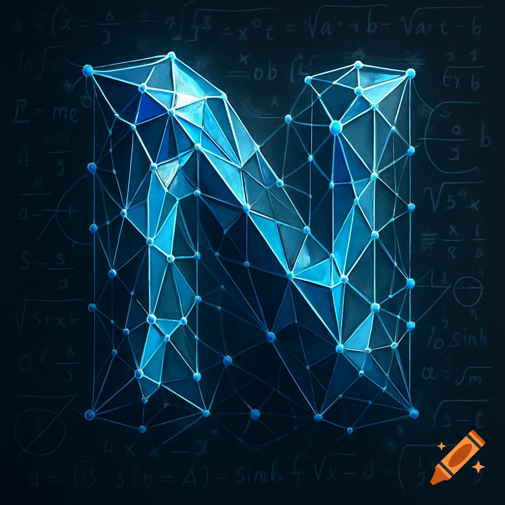 A stylized capital letter N rendered in a geometric, faceted blue crystalline structure, with a dark background featuring faint white mathematical equations and scientific symbols.