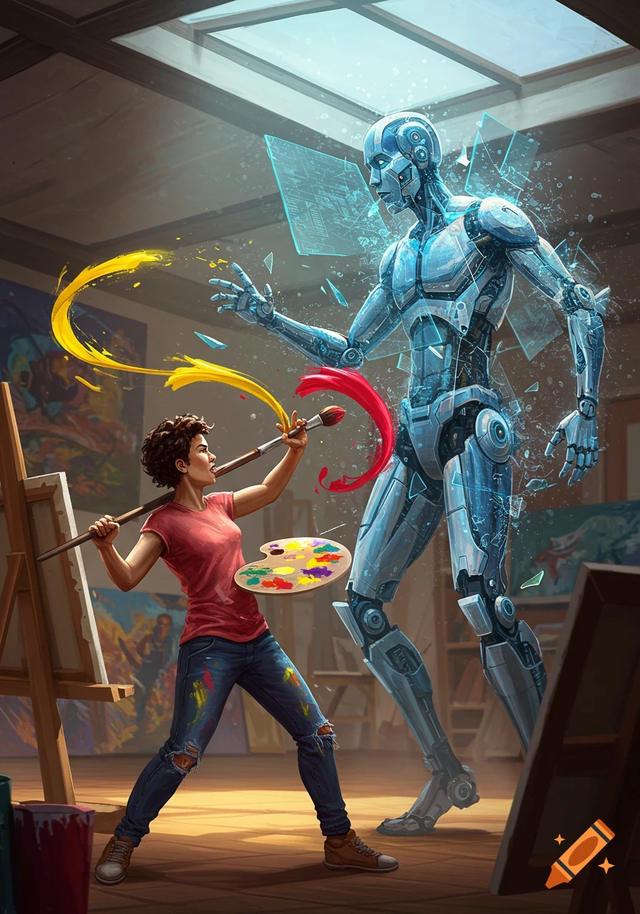 A female artist in an art studio paints colorful strokes, causing a large blue robot in front of her to shatter.