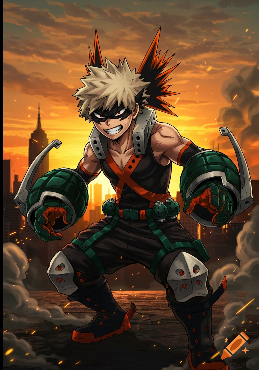 Katsuki Bakugo in hero costume with gauntlets, aggressive pose, sunset city skyline with smoke and sparks, anime style.