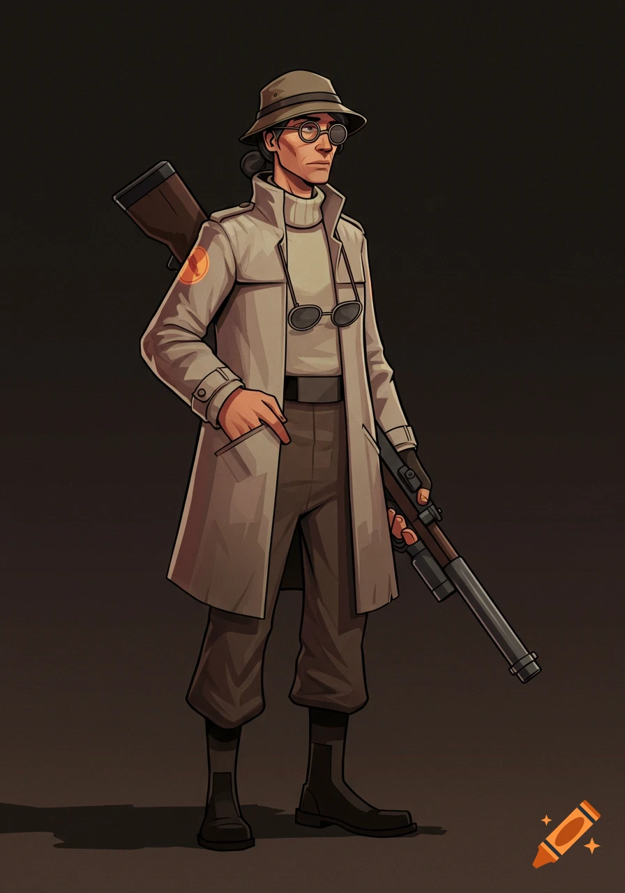 A tall, lean woman in a trench coat, boonie hat, and glasses, holding a rifle, in the Team Fortress 2 art style.
