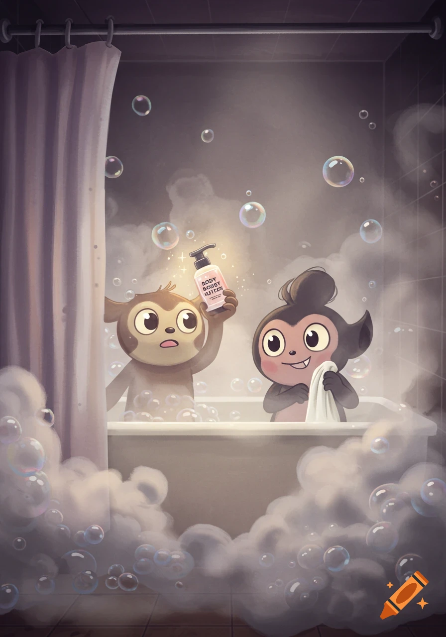 Two cartoon monkey-like creatures in a steamy bathtub with bubbles. One holds a glowing bottle of body butter, the other smiles with a towel.