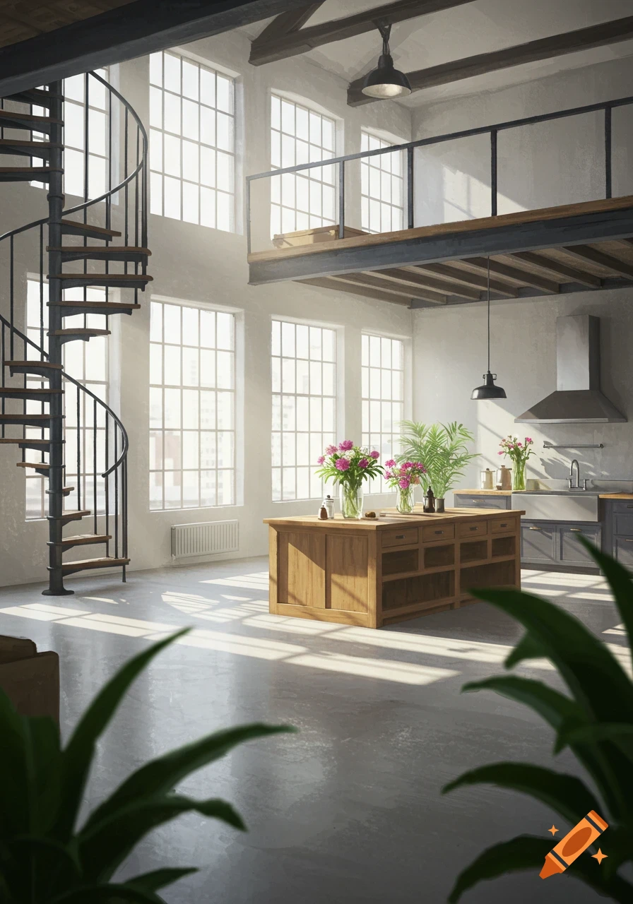 Spacious loft apartment with a black spiral staircase, large factory windows, a light wood kitchen island with flowers, and green plants.