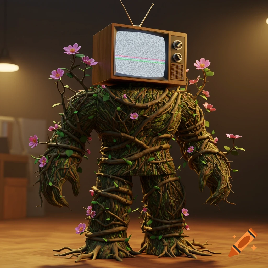 A fantasy creature with a body made of vines, roots, and pink flowers, and an old television for a head with static on the screen.