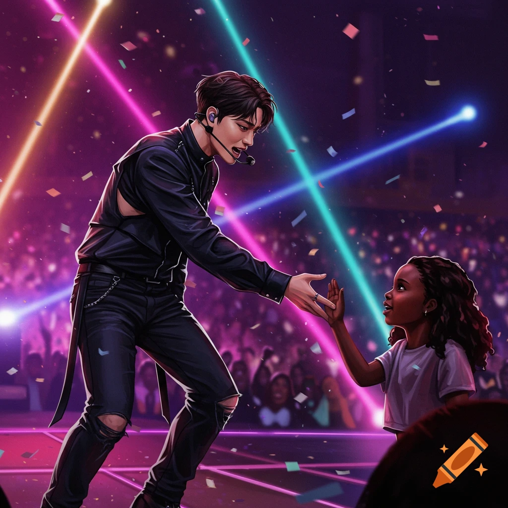 An illustrated K-pop singer in black reaches out to high-five a young Black girl on a vibrant, confetti-filled concert stage.