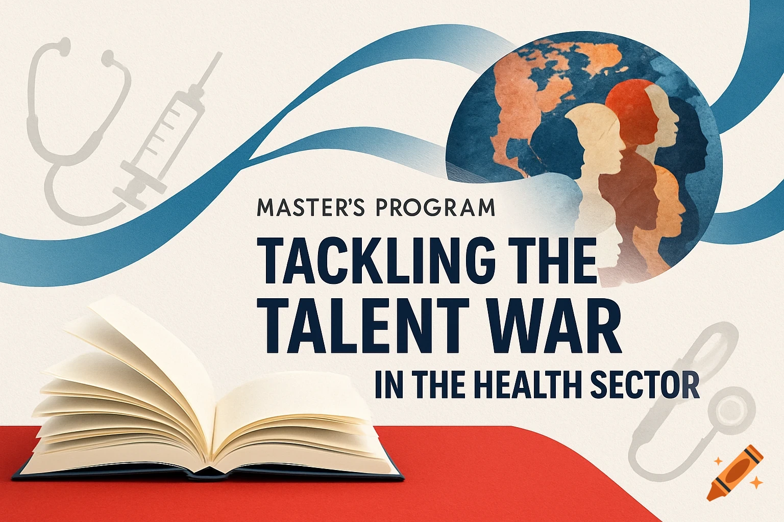 Master's program banner for 'Tackling the Talent War in the Health Sector' with globe, diverse silhouettes, book, medical icons.