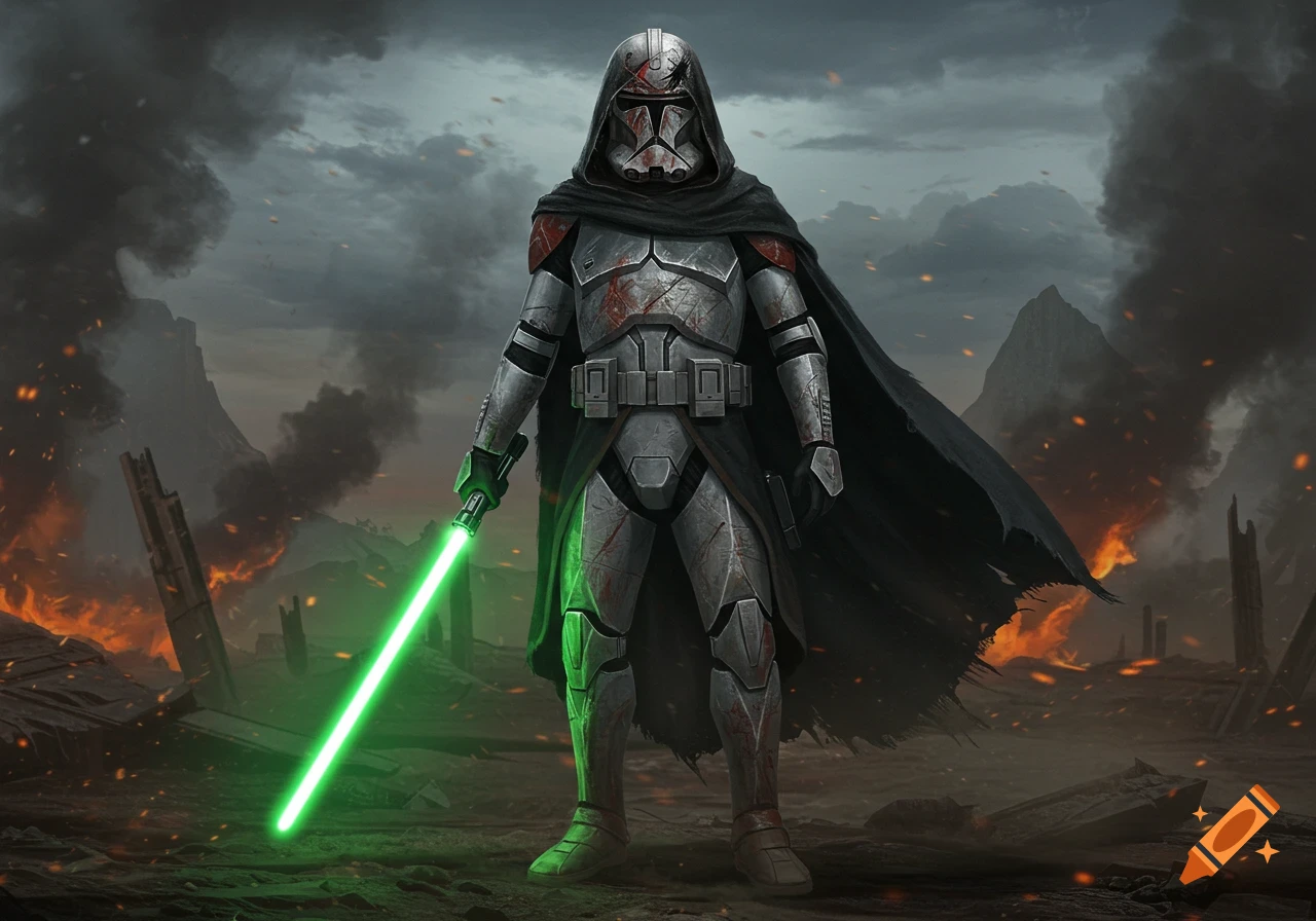 A battle-worn clone trooper in a dark cloak holds a green lightsaber amidst a burning, destroyed landscape.