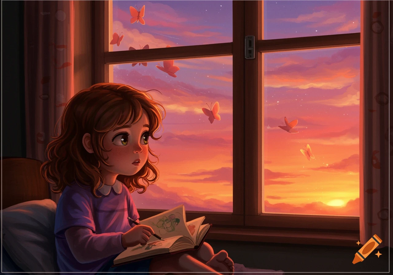 A cute girl with curly hair draws in a sketchbook by a window, looking out at a vibrant sunset with butterflies.